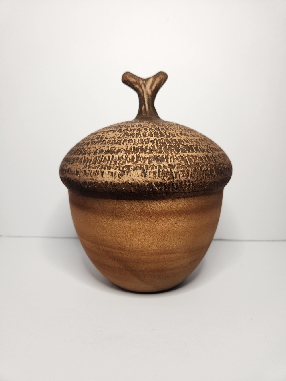 Handcrafted 8" Pottery Acorn Decor Rustic Brown With Coppery Accents